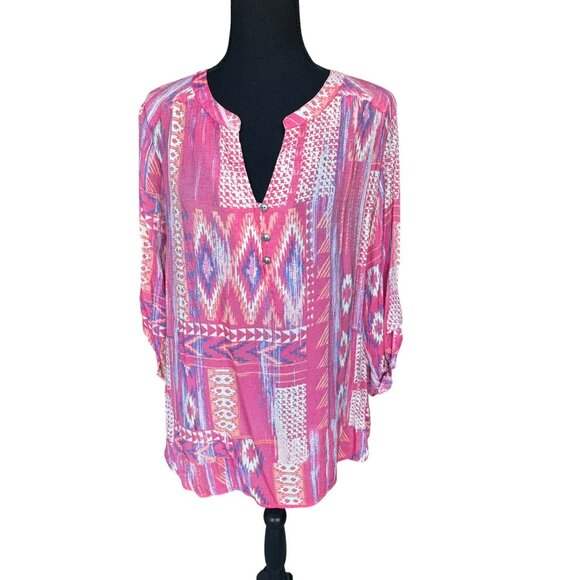 Como Vintage Womens Pink Aztec Boho Print Tunic Blouse XL Cottage Core Hippie - Picture 1 of 11
